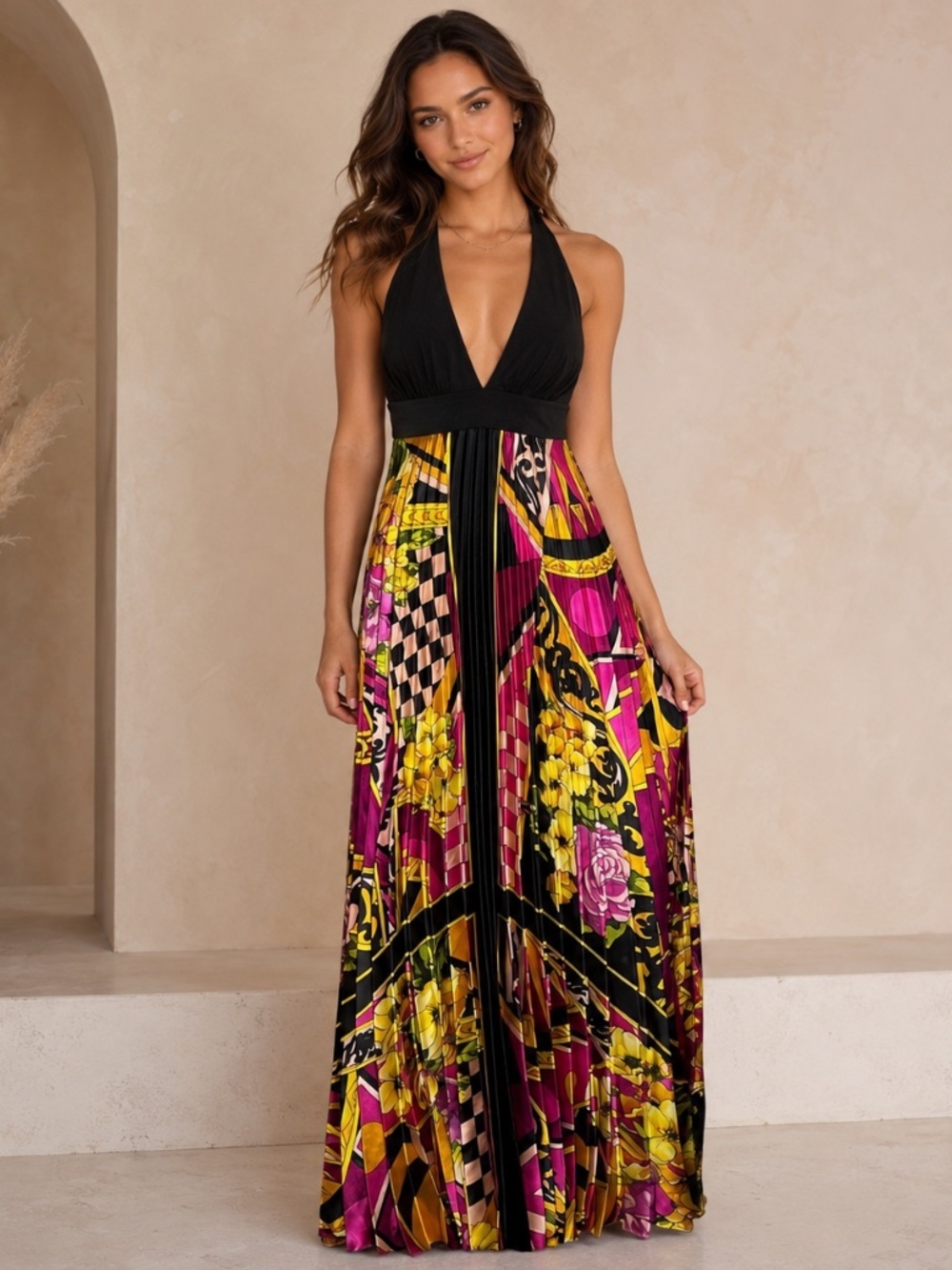 Cache Vintage Y2K Colorful Satin Gown Maxi Dress Size 4 Halter Prom Black Pink